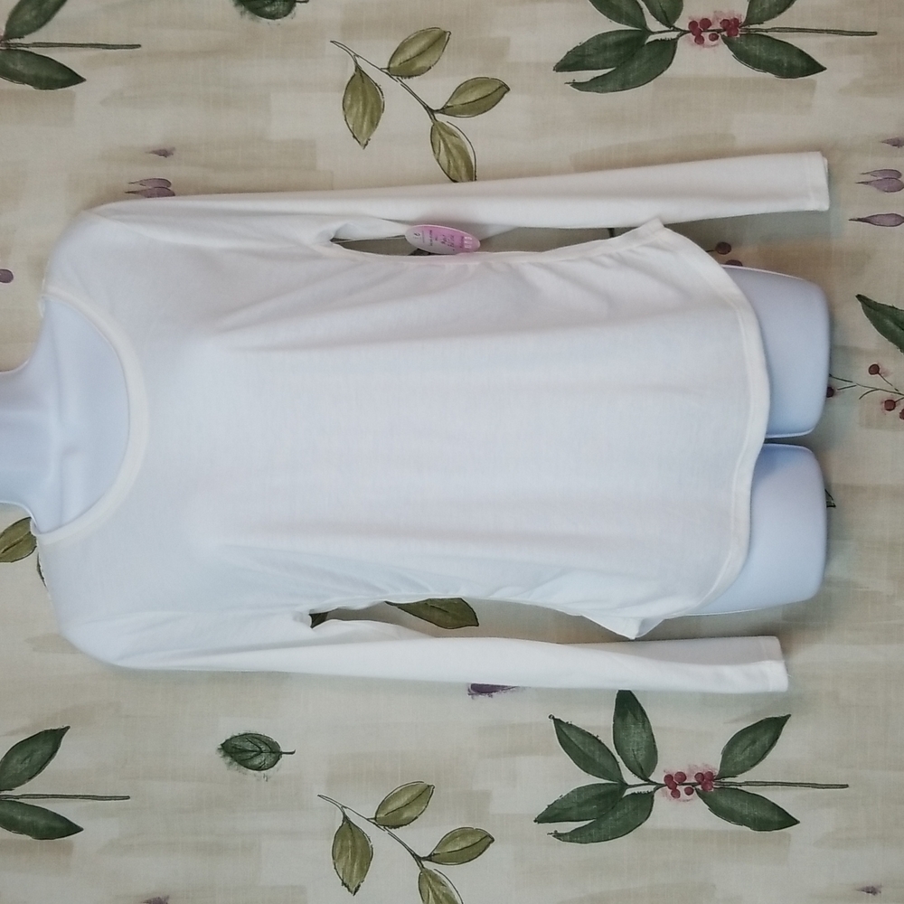 Full Circle Threads white long sleeve tee, with lace across back shoulders